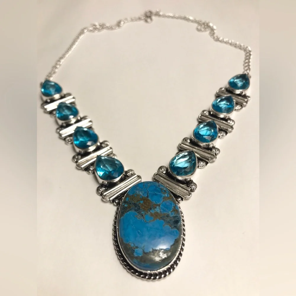 Turquoise Blue Topaz Stamped Solid 925 Sterling Solid Necklace
